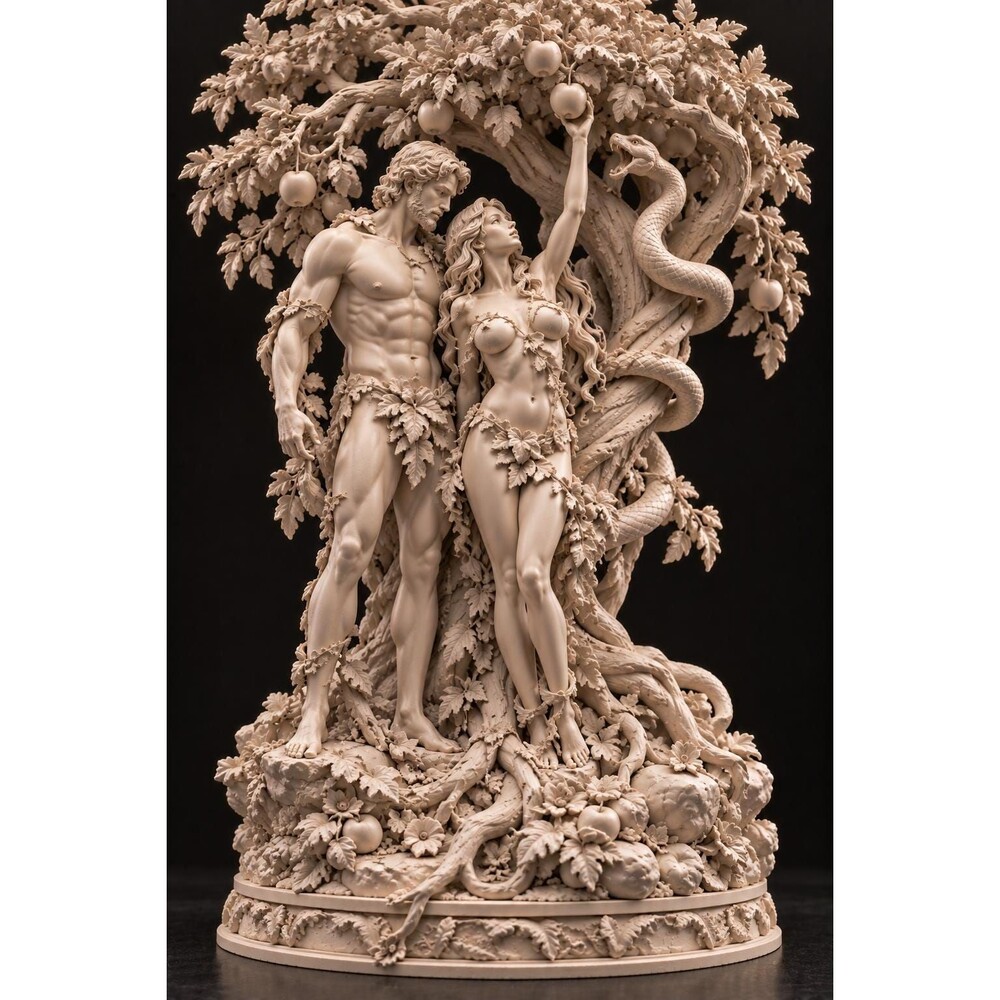 Adam and Eve Garden of Eden Sculpture – Tree of Knowledge, Serpent Statue (Resin